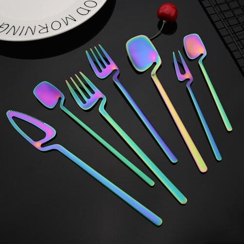 Western Matte Rainbow Dinner Knife Dessert Spoon Fork Cutlery Set Tableware Set Color Dinnerware Home Party Flatware Kitchen Set