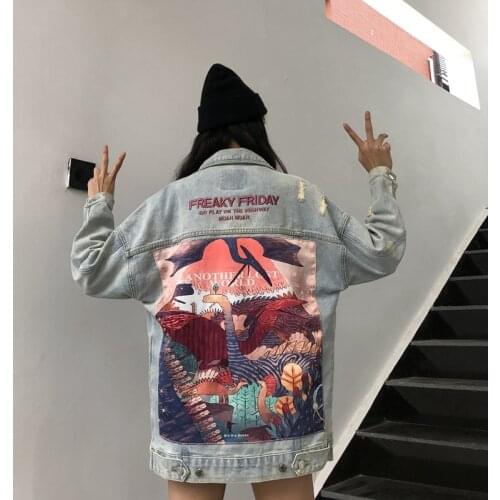 Jacket Women Cartoon Loose Autumn Dinosaur Print Long Denim Harajuku Chaqueta Mujer Vintage Streetwear Jeans Casaco Feminino