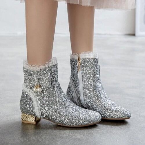 US4-11 Womens Sequins Bling Ankle Boots Bowknot Lace Pearls Block Chunky Low Heel Side Zip Shoes Gold Sliver Pink Plus Size F20