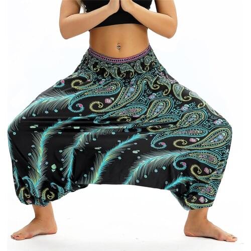 Women Summer Harem Pants Boho Feather Print Bloomers Beach Fitness Sweatpants High Waist Ruched Sarouel Femme Pantalons
