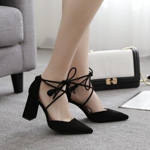 New women high heel pumps Solid fashion sexy party shoes flock thin heel lace up wedding heels brand RUIDENG high quality 8.2cm