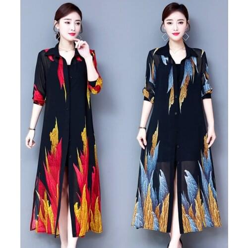TingYiLi Summer Cardigan Long Chiffon Blouse Shirt Korean Elegant Long Sleeve Ethnic Print Kinomo Cardigan Women