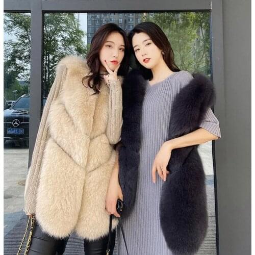 Womens Faux Fox Fur Vest Jacket Winter Mid-Length V-Neck Sleeveless Plush Coat Korean Fashion Female Warm Luxury Waistcoat