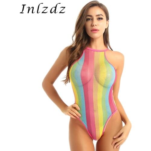 Womens Fishnet Rave Bodysuit Rainbow Striped Bikini Swimsuit See Through Rave Clothes Mesh Festivals Beachwear for Pole Dancing