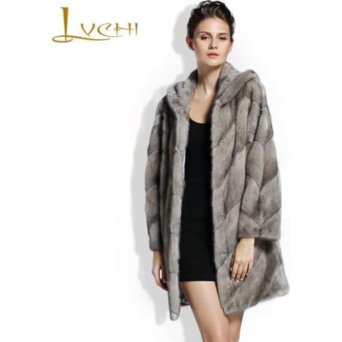 LVCHI 2019 Winter Fashion Tailored Medium Mink Fur Coat Women Warm Full Sleeve Ladies Fur Coat White With A Hat Fur Mink Coats