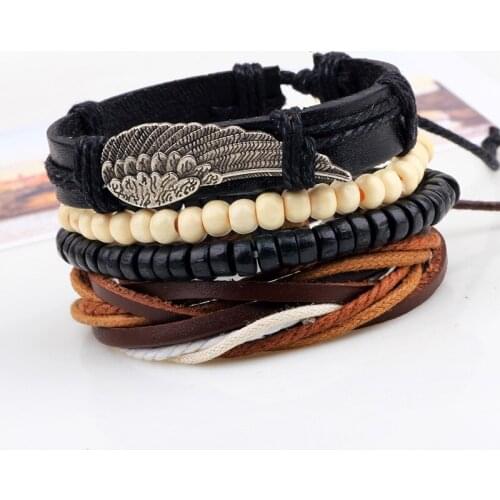 4pcs/set Handmade Boho Gypsy Hippie Black Leather Hemp Rope Cord Beige Wood Bead Feather Wing Charm Wrap Layers Bracelet for Man
