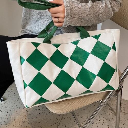 Large Green Shoulder Bags Simple Canvas Designer Tote Bag 2021 New Trending Diamond Lattice Female Handbags Vintage Armpit Bags