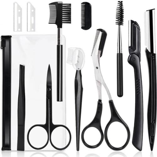 Black Eyebrow Trimming Tool Set Stainless Steel Tweezers Eyebrow Scraping Comb Eyelash Brush Razor Kit Makeup Tools Sets