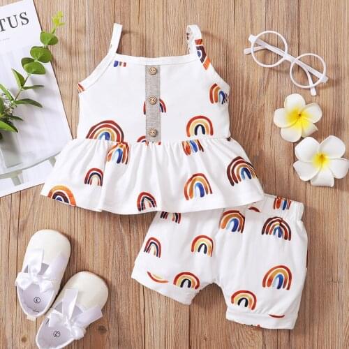 Clothes Suit For Baby Girls Sleeveless Rainbow Printed Sling Frilled Vest Top + Printed Shorts Casual Set Vetement Enfant Fille