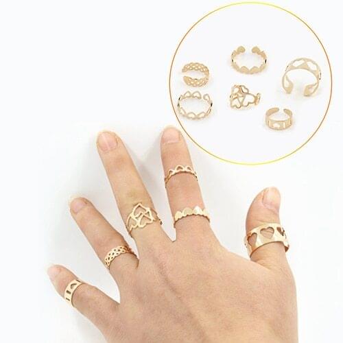 Womens 6 Pcs Hollow Love Heart Above Knuckle Midi Finger Tip Band Rings Set