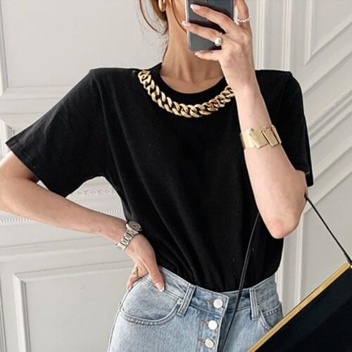 Korean CHIC Summer Small Public Simple Round Collar Sleeve Chain Decoration Design Loose Pure Color Short-sleeved T-shirt Top