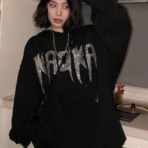 Gothic rhinestone English alphabet Punk web warm rhinestone zipper hoodie couple trend Harajuku punk clothing sweatshirt women