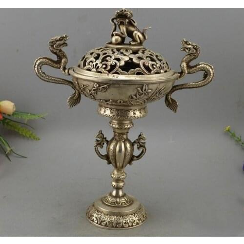 Chinese White Copper Hand Carved Two Dragon Incense Burner Statue