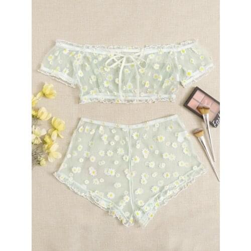 Female Mesh Lingerie Clothes Set 2 Piece Lace Floral Underwear for Women Purple/ Green/ Black