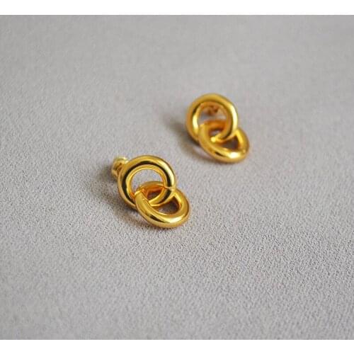 Korean Gold Color Metal Statement Drop Earrings Round Double Circle Hanging Earring Jewelry