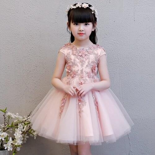 New Applique Lace Girls First Communion Dress Short Sleeve Party Ball Gown Flower Girl Dress For Wedding Kids Baptism Vestido