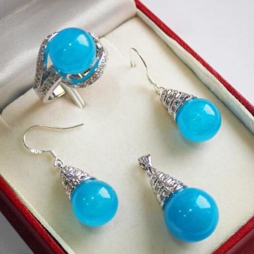 Hot! beautiful new jewelry plated + 12mm blue pendant, earring ring jewelry set