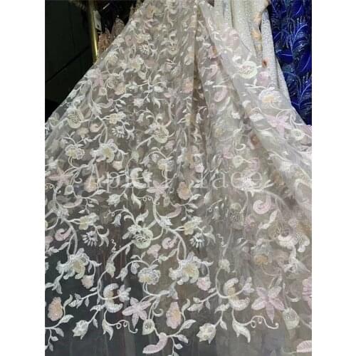 LZ09# 5yards/Lot Elegent 3D Sequin Floral Embroidery Tulle Mesh French Lace Fabric For Sawing Wedding Bridal Dress/Occasion