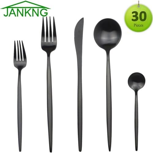 30Pcs Black Cutlery Set 304 Stainless Steel Dinnerware Set Thick Tableware Gold Flatware Fork Knife Spoon Wedding Silverware Set