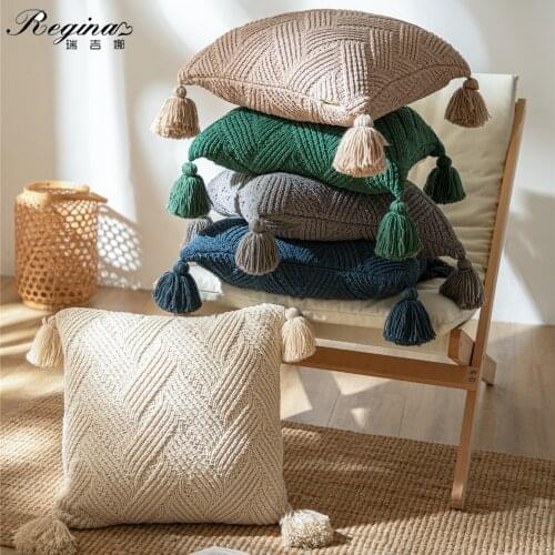 REGINA Pillow Cover Chenille Handmade Cute Tassel Sofa Cushion Cover 45*45 Solid Green Navy Beige Nordic Home Decor Pillow Case