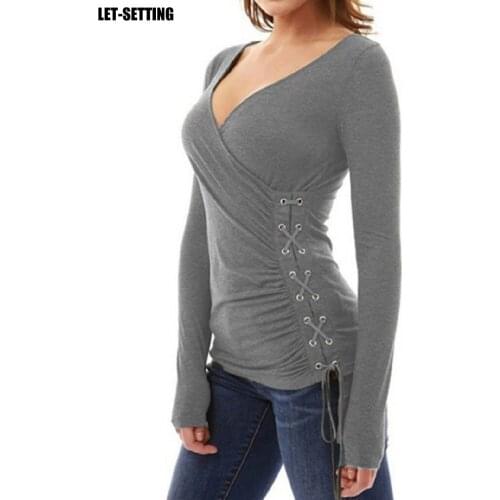 Autumn winter causal lace up knitted slim skinny jumper pullover v-neck punched strap slim long-sleeved top women sweater S-XL
