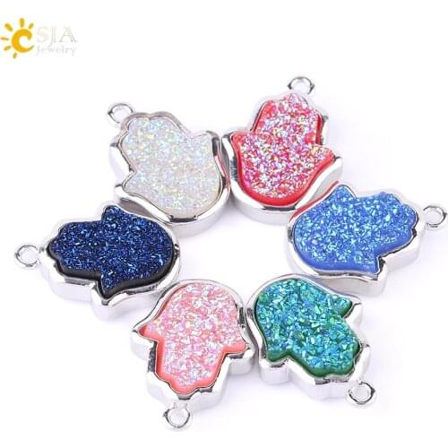 CSJA Silver-color Hamsa Hand Connector Quartz Druzy Bead Fatima Luck Hands Loose Beads for Jewelry Making Earrings Necklace F585