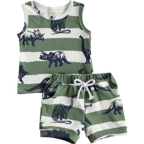 2Pcs Baby Summer Tracksuits Cartoon Dinosaur Print Sleeveless Vest + Elastic Waist Shorts for Toddler Boys 0-24 Months