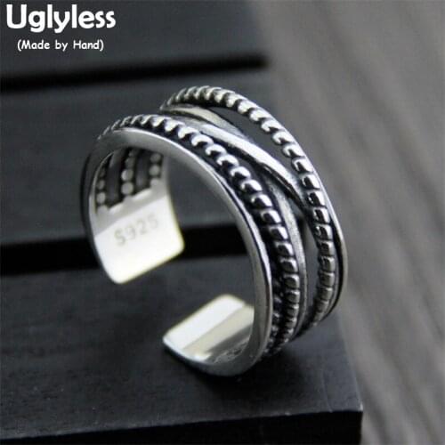 Uglyless Real S 925 Sterling Silver Unisex Twisted Designer Wide Open Rings Irregular Cross Patterns Neutral Finger Ring Jewelry