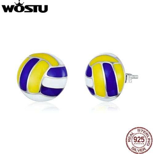 WOSTU Sport Earrings Genuine 925 Sterling Silver Volleyball Stud Earrings for Women Summer New Fashion Silver Jewelry CQE902