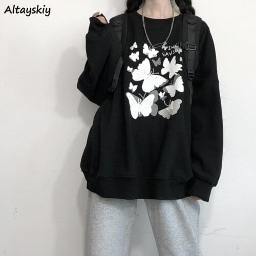 Women No Hat Hoodies Print Harajuku Lazy Loose Japanese Style Student Retro Thicker Plus Velvet Winter Feminino Sweatshirts Chic