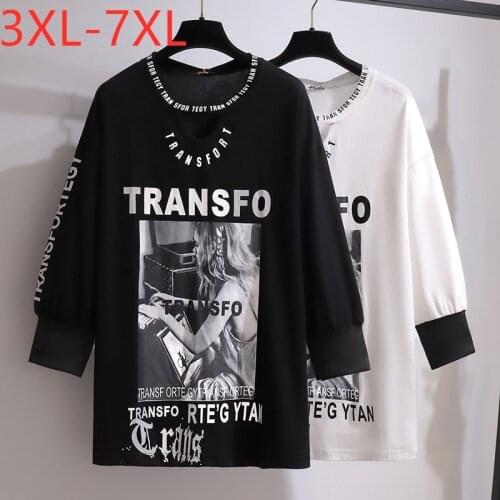 New 2021 Ladies Spring Autumn Plus Size Tops For Women Large Loose Cotton Black White Letter Print T-shirt 3XL 4XL 5XL 6XL 7XL