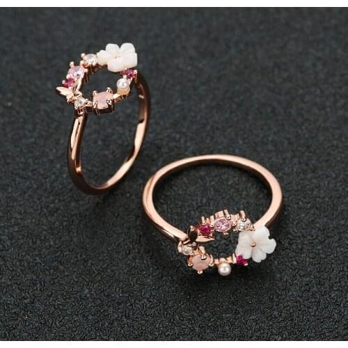 Fashion crystal copper flower branch and leaf ring ladies rose gold flower zircon wedding finger ring jewelry gift