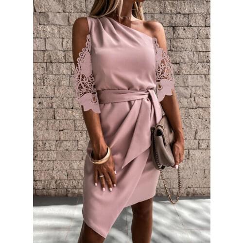 2021 new solid color mid-waist temperament commuter oblique shoulder solid color mid-waist dress in stock