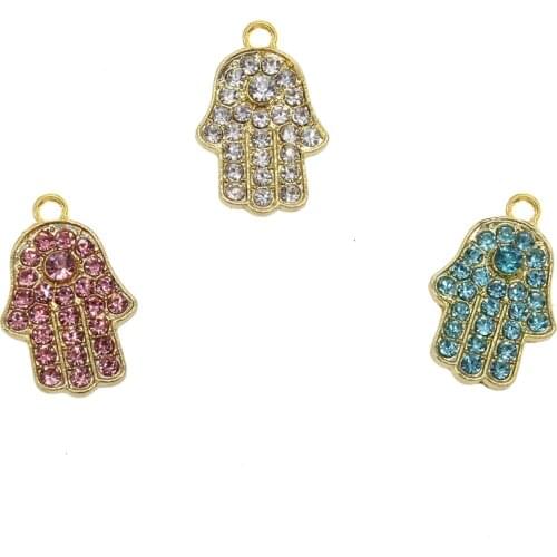 50pcs /lot Multicolor Rhinestone Gold Plating Alloy Rhinestone Hand Shape Charm For DIY Bracelet /Necklace