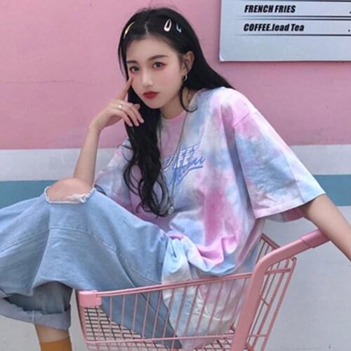 70% Dropshipping!!Summer Women Cotton Fashion Loose T-shirt Tie Dye O Neck Short Sleeve Top Blouse