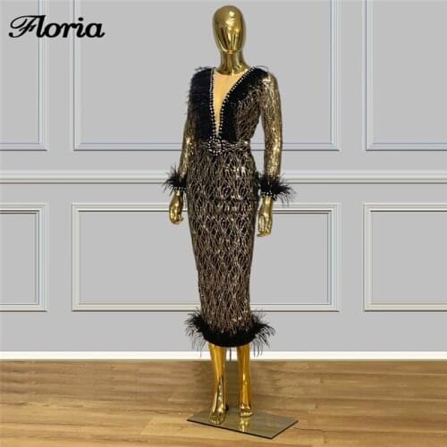 Long Sleeves Feathers Evening Dresses Abendkleider Mermaid Arabic Ankle Length Prom Dress Girl Formal Gown Vestido De Festa 2020