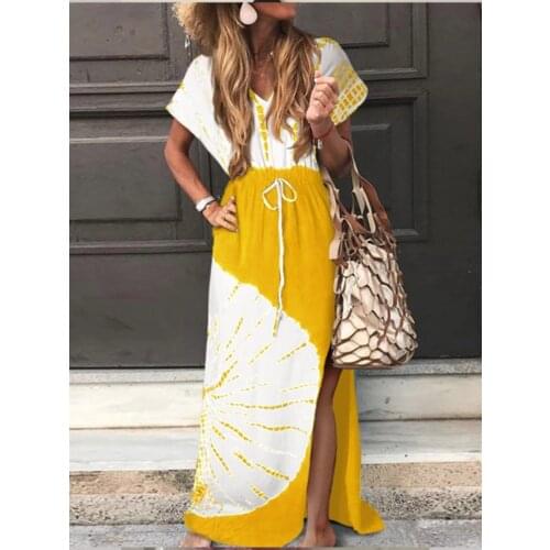 BAMBOOBOY Women Floral Print Summer Boho New Short Sleeve V Neck Maxi Dress Party Beach Holiday Club Dresses Sundress FC605