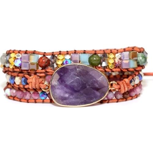 Amethyst Natural Stone Bracelet Hand Woven Leather Bracelet Bracelets for Women Gemstone Bracelet Evil Eye Bracelet