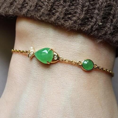 New natural green chalcedony egg noodle fish-shaped bracelet Chinese retro elegant charm womens brand silver jewelry