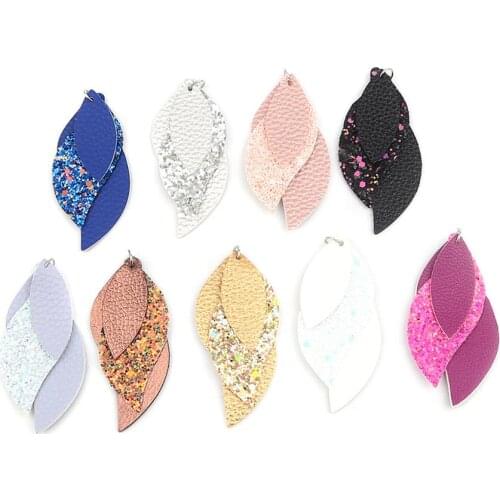 DoreenBeads Bohemian PU Leather Three-layer Colorful Charms Sequined Leaf Shaped DIY Making Earrings Women Jewelry Material, 5PC