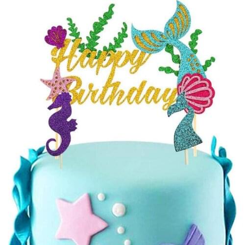 2019 new mermaid starfish hippocampus Marine theme birthday party cake embellishment card plug-in party dessert decoration flag