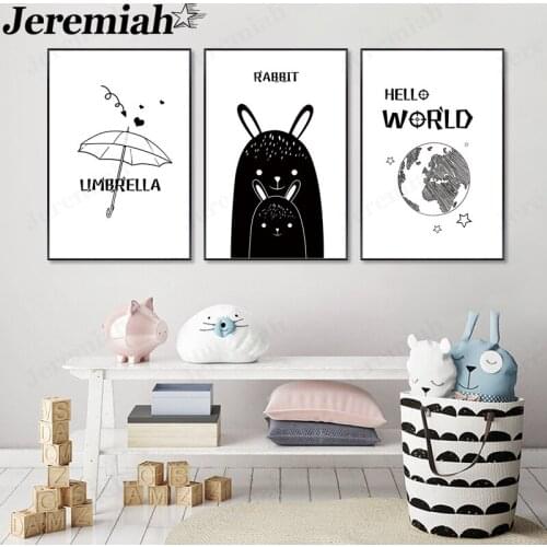 Cartoon Animal Canvas Painting Black and White Lines Rabbit Umbrella Poster Wall Art Nordic Home Room Decoration Accessories