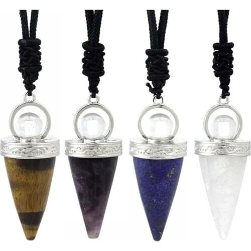 KFT Natural Healing Crystals Stone Quartz Reiki Round Rock Crystal Amethysts Beads Cone Pendulum Pendant Rope Chain Necklace