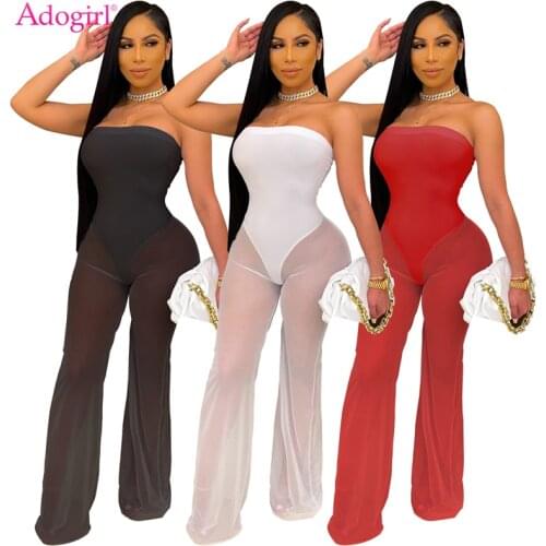 Adogirl Sheer Mesh Patchwork Strapless Jumpsuit for Women Sexy Summer Sleeveless Bodysuit Wide Leg Pants Beach Overalls Romper