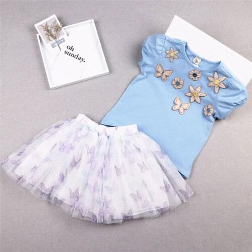 Dulce Amor Girls Clothes Set 2019 Summer Floral Patch Short Sleeve T-Shirt+Butterflies Print Tutu Skirt Girls 2PCs Outfits