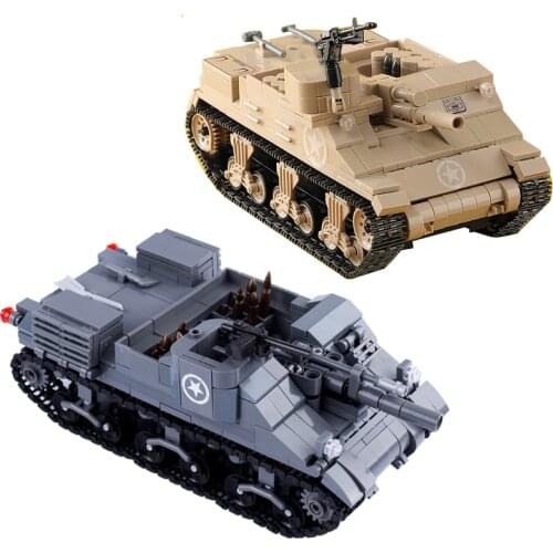 MOC WW2 USA M7Priest Car Building Blocks Tank Soldiers Figures Parts Weapons Bricks Army Artillery Military Toy For Children