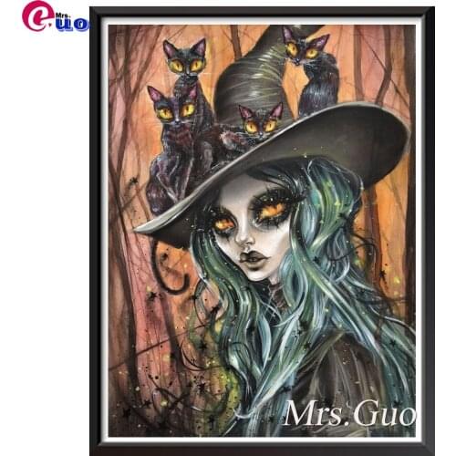 Cat in the hat, witch 5d Diy Diamond Painting Round Full Drill DIY Mosaic Embroidery 5D Cross Stitch Halloween Animal Pattern