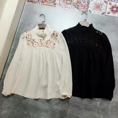 Fashion Summer 100% Runway Silk Shirt 2021 Designer Hollow Out Flower Embroidery Beige Black Office Ladies Party Blouse