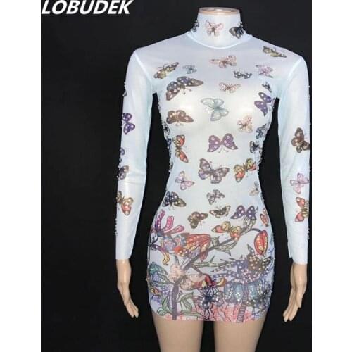 Fashion Butterfly Printed Transparent Mesh Short Dress Women Singer Rhinestones Stage Costume Birthday Party Bar Sexy Clothes