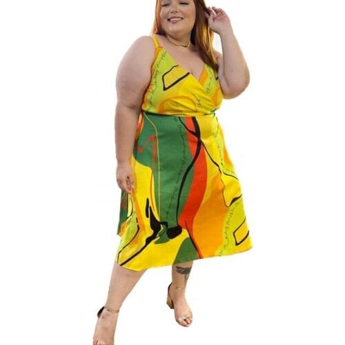 Plus Size 3XL 4XL 5XL Women Spaghetti Strap Dress Sexy Backless Yellow Fashion Print V-neck Club Party Dress Sundress Vestidos